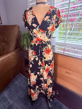 Sanctuary Floral Wrap Maxi Dress XS Black Poppy Print Flutter Sleeve